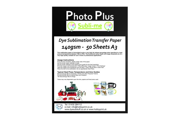PhotoPlus A3 Dye Sublimation 140gsm Double Sided Transfer Paper, 50 Sheets.