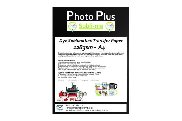 PhotoPlus A4 Dye Sublimation 128gsm Transfer Paper, 100 Sheets.